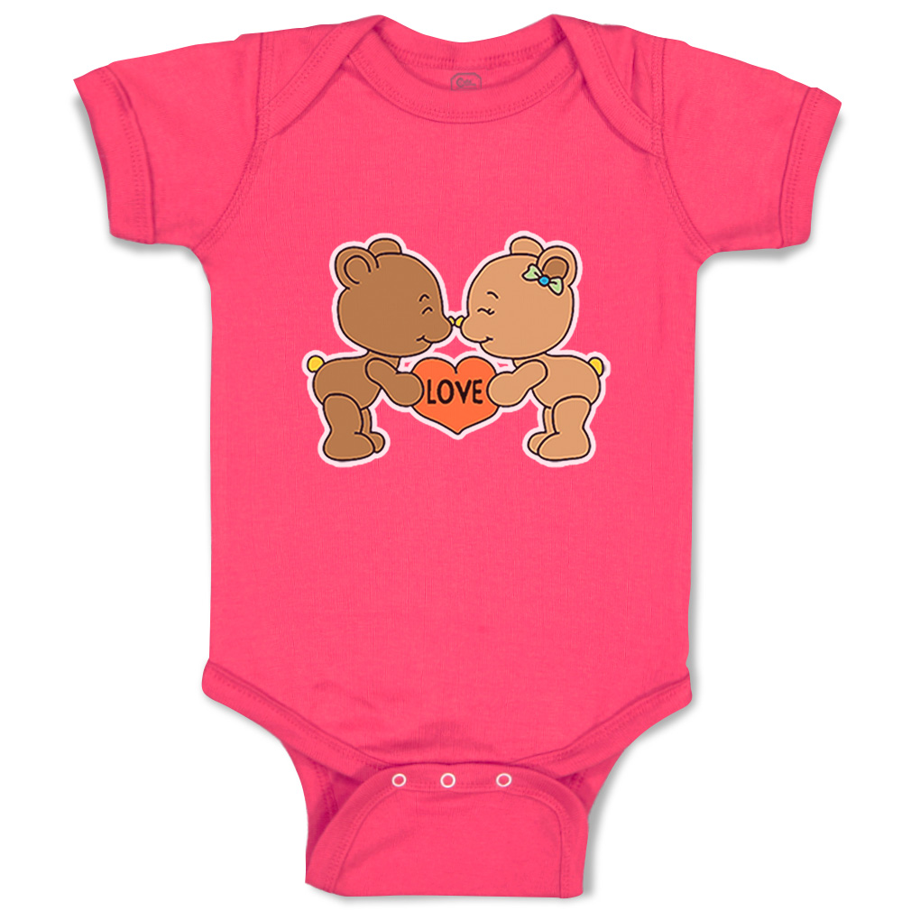 Baby Bodysuit 2 Teddy Bears Love Holding Red Heart Funny Boy & Girl Baby Clothes - Picture 8 of 23