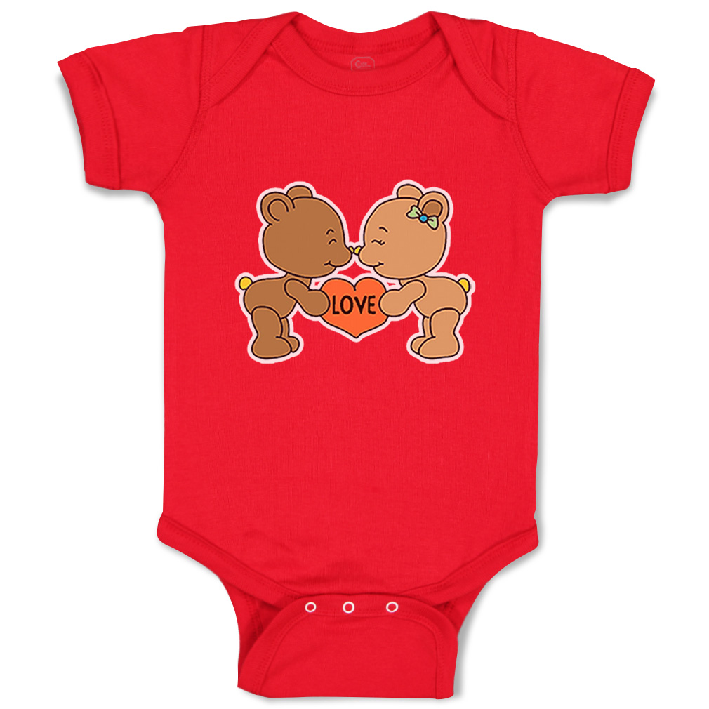 Baby Bodysuit 2 Teddy Bears Love Holding Red Heart Funny Boy & Girl Baby Clothes - Picture 16 of 23